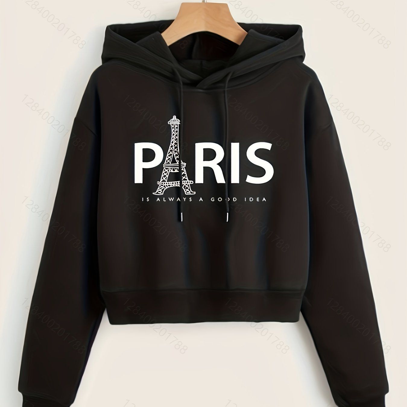 Eiffel Tower & Slogan Graphic Drop Shoulder Drawstring Thermal Lined Hoodie, Women's Long Sleeve Sports Hoodie   OAXG White / S