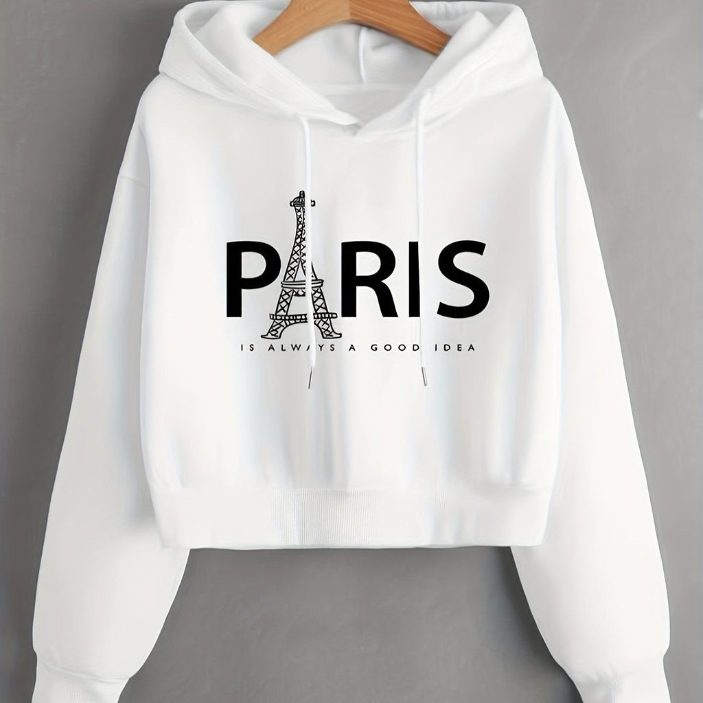 Eiffel Tower & Slogan Graphic Drop Shoulder Drawstring Thermal Lined Hoodie, Women's Long Sleeve Sports Hoodie   OAXG White / S