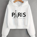Eiffel Tower & Slogan Graphic Drop Shoulder Drawstring Thermal Lined Hoodie, Women's Long Sleeve Sports Hoodie   OAXG White / S