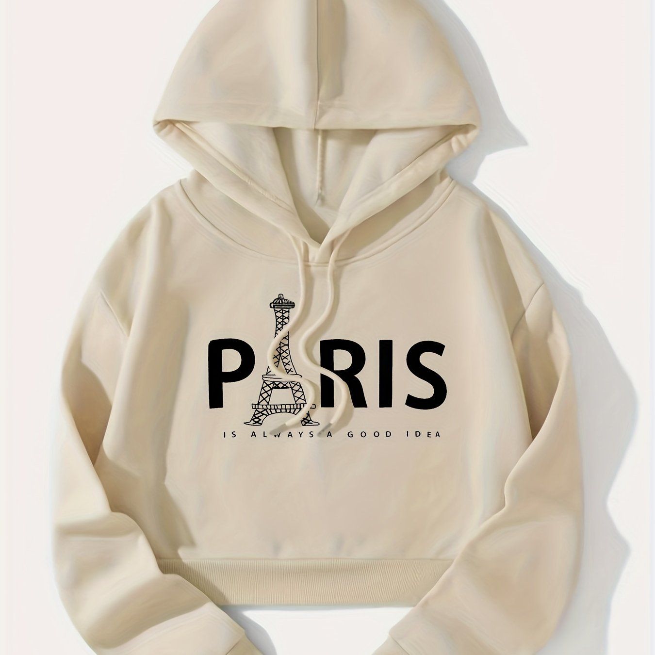 Eiffel Tower & Slogan Graphic Drop Shoulder Drawstring Thermal Lined Hoodie, Women's Long Sleeve Sports Hoodie   OAXG White / S