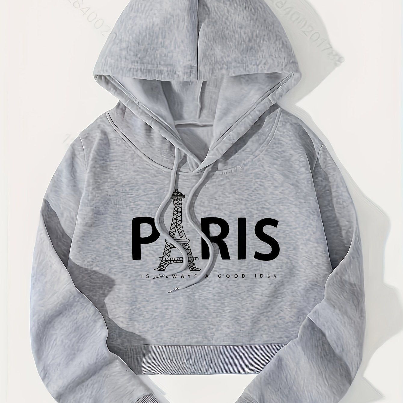 Eiffel Tower & Slogan Graphic Drop Shoulder Drawstring Thermal Lined Hoodie, Women's Long Sleeve Sports Hoodie   OAXG White / S