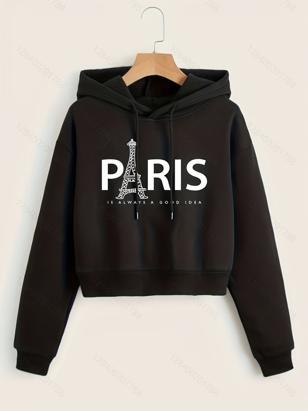 Eiffel Tower & Slogan Graphic Drop Shoulder Drawstring Thermal Lined Hoodie, Women's Long Sleeve Sports Hoodie   OAXG White / S