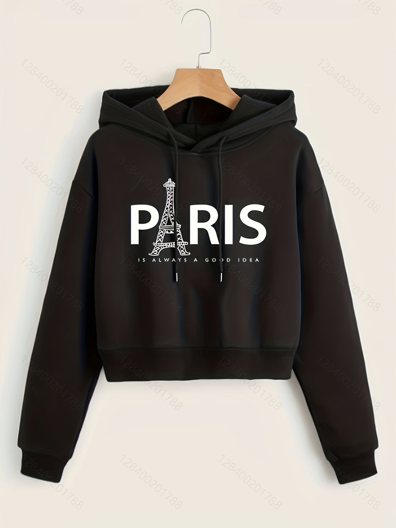 Eiffel Tower & Slogan Graphic Drop Shoulder Drawstring Thermal Lined Hoodie, Women's Long Sleeve Sports Hoodie   OAXG White / S