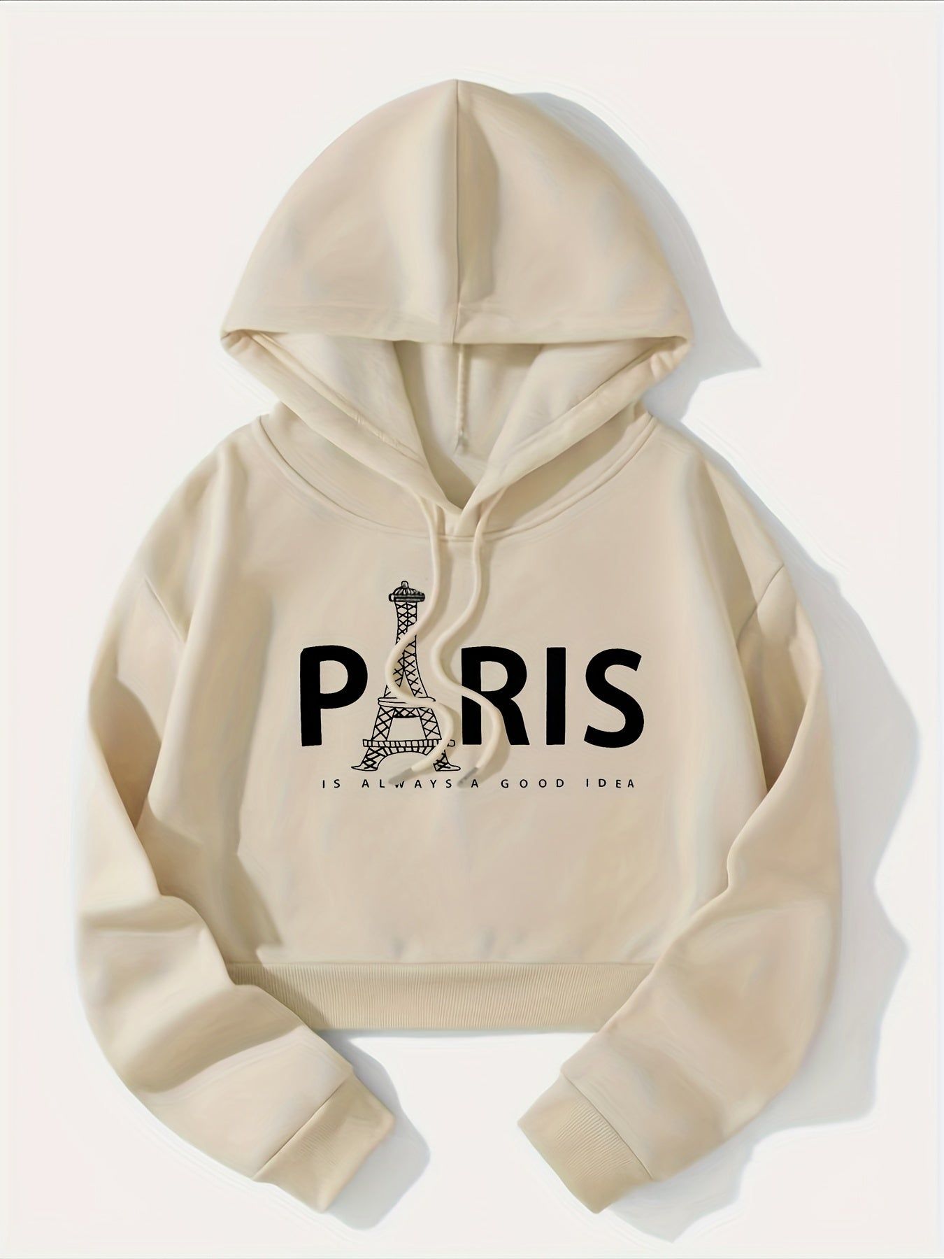 Eiffel Tower & Slogan Graphic Drop Shoulder Drawstring Thermal Lined Hoodie, Women's Long Sleeve Sports Hoodie   OAXG White / S