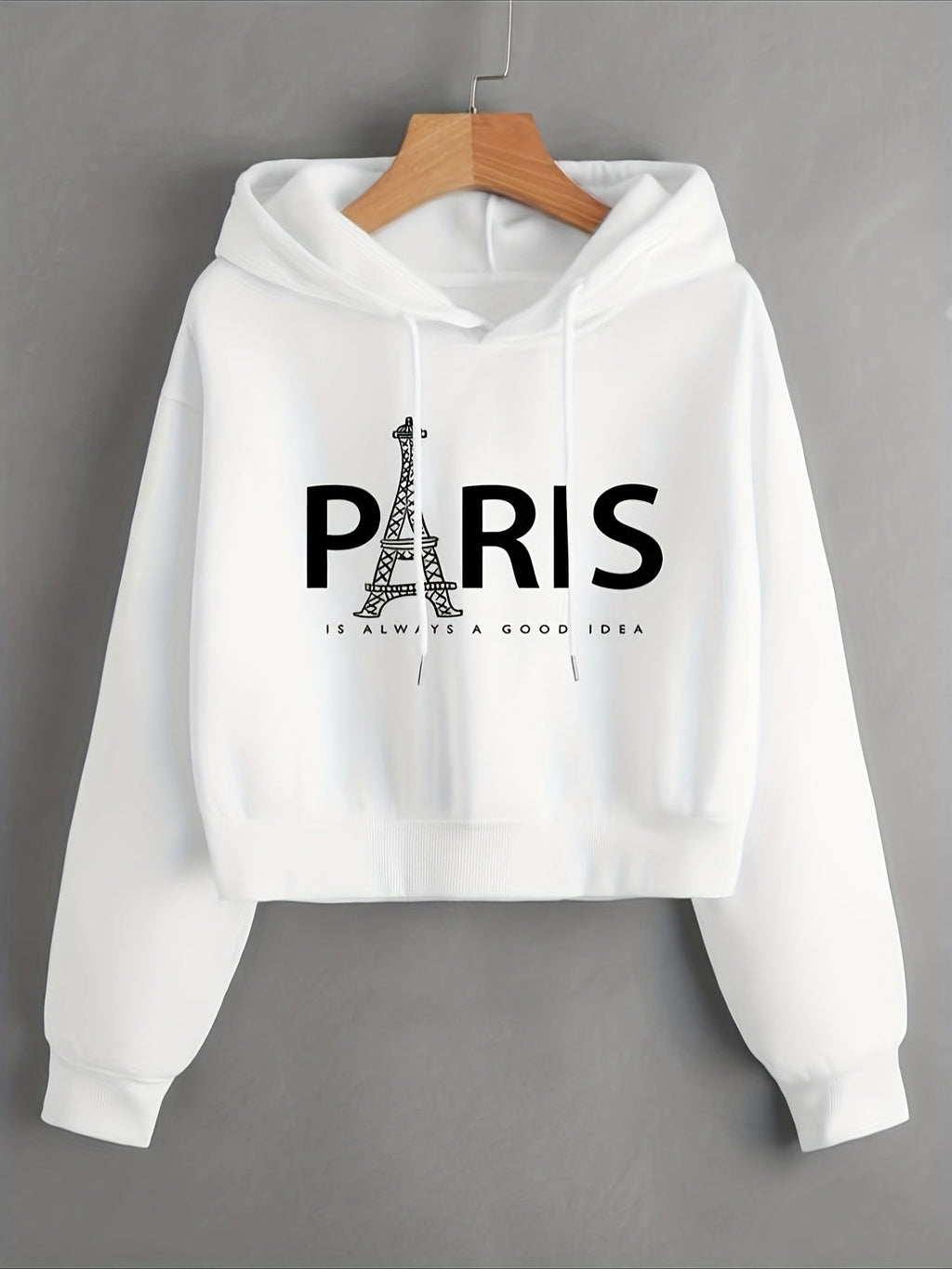 Eiffel Tower & Slogan Graphic Drop Shoulder Drawstring Thermal Lined Hoodie, Women's Long Sleeve Sports Hoodie   OAXG White / S