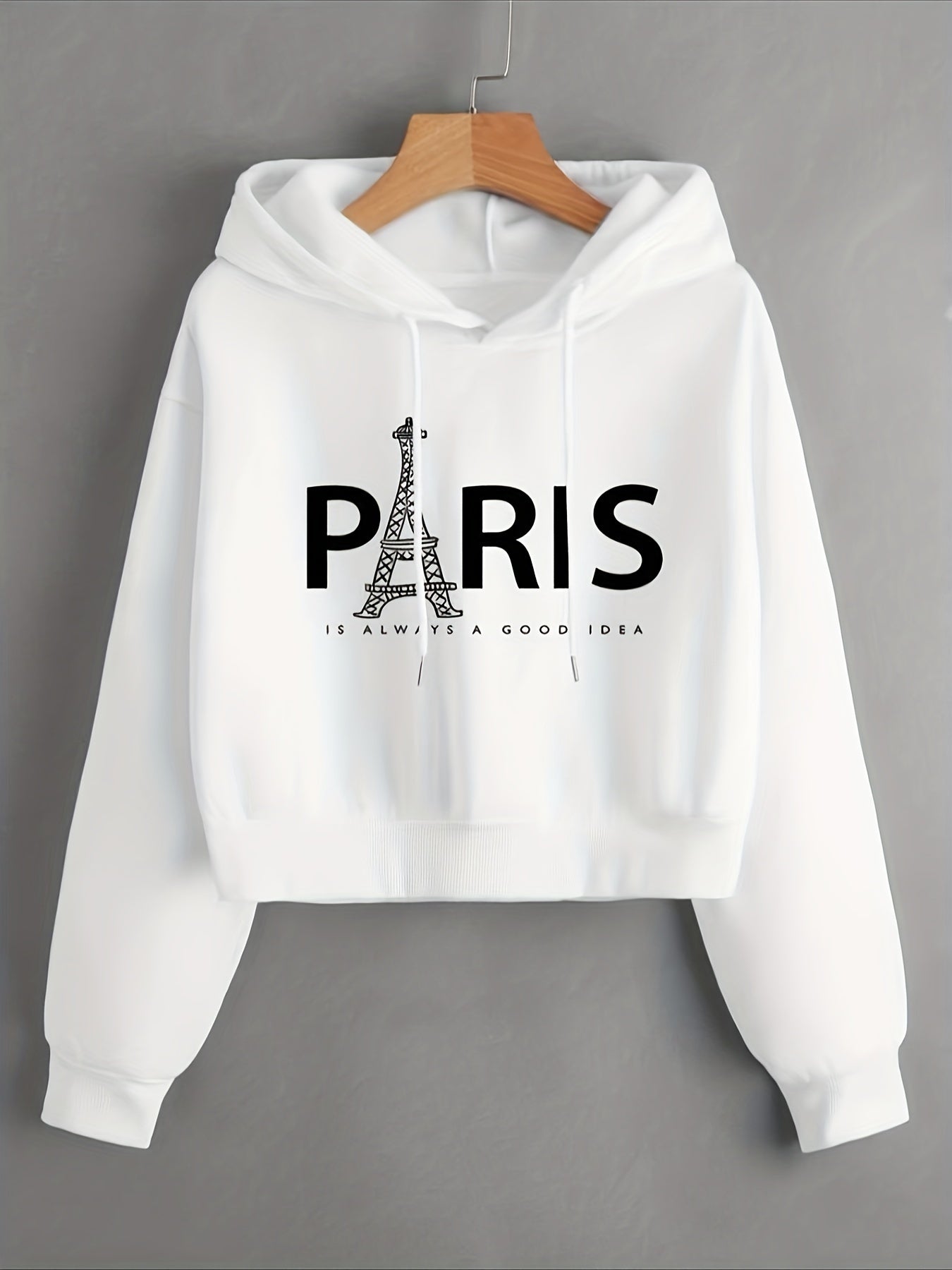 Eiffel Tower & Slogan Graphic Drop Shoulder Drawstring Thermal Lined Hoodie, Women's Long Sleeve Sports Hoodie   OAXG White / S