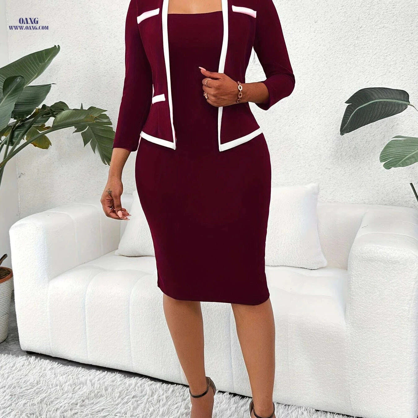 Elegant 2 In 1 Bodycon Dress - Long Sleeve Office Wear for Women   OAXG 