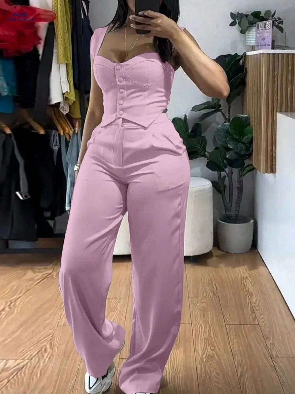 Elegant 2-Piece Set: Thick Strap Vest & High-Waist Pants   OAXG 