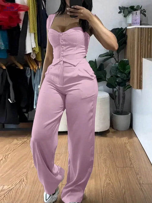Elegant 2-Piece Set: Thick Strap Vest & High-Waist Pants   OAXG 