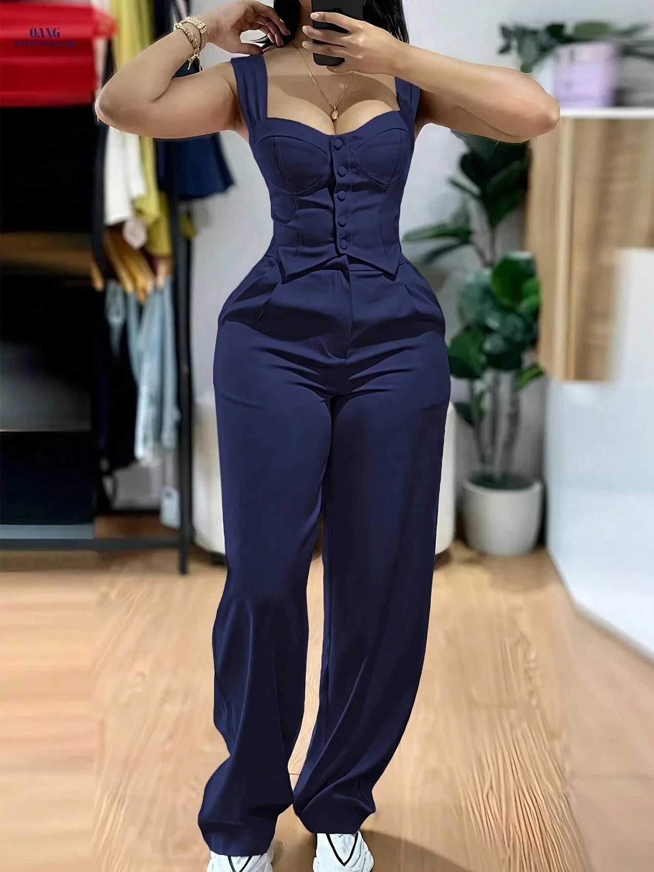 Elegant 2-Piece Set: Thick Strap Vest & High-Waist Pants   OAXG 