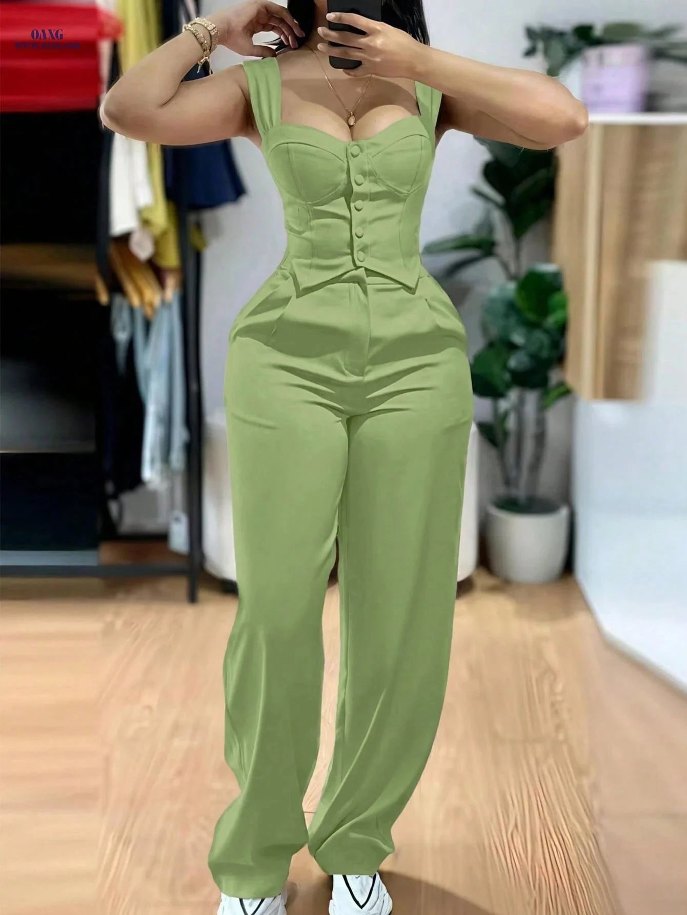 Elegant 2-Piece Set: Thick Strap Vest & High-Waist Pants   OAXG Pink / XS