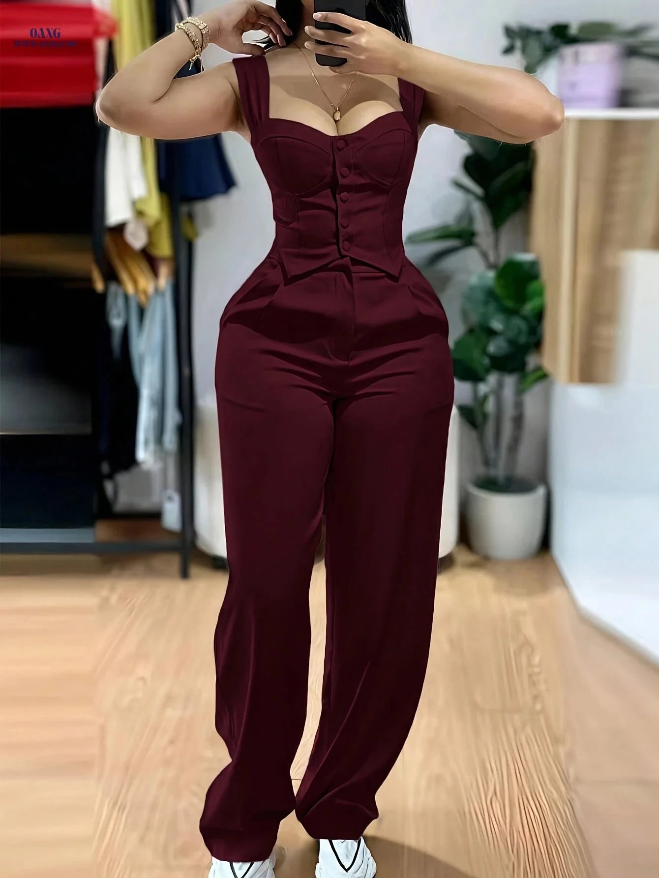 Elegant 2-Piece Set: Thick Strap Vest & High-Waist Pants   OAXG Pink / XS