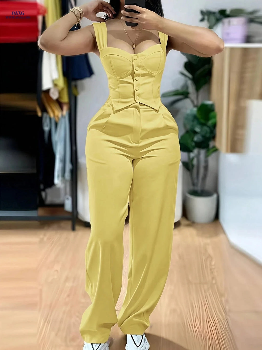 Elegant 2-Piece Set: Thick Strap Vest & High-Waist Pants   OAXG Pink / XS