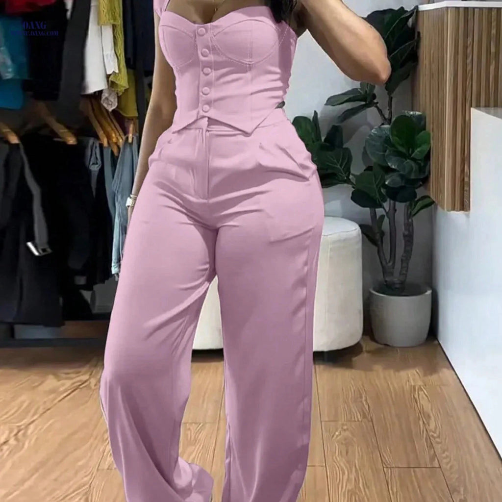 Elegant 2-Piece Set: Thick Strap Vest & High-Waist Pants   OAXG 