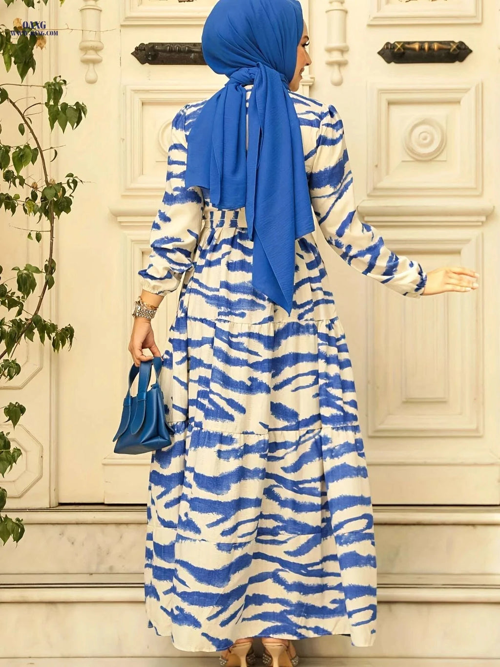 Elegant A-Line Dress with Tassel Tie - Zebra Print, Long Sleeve   OAXG 