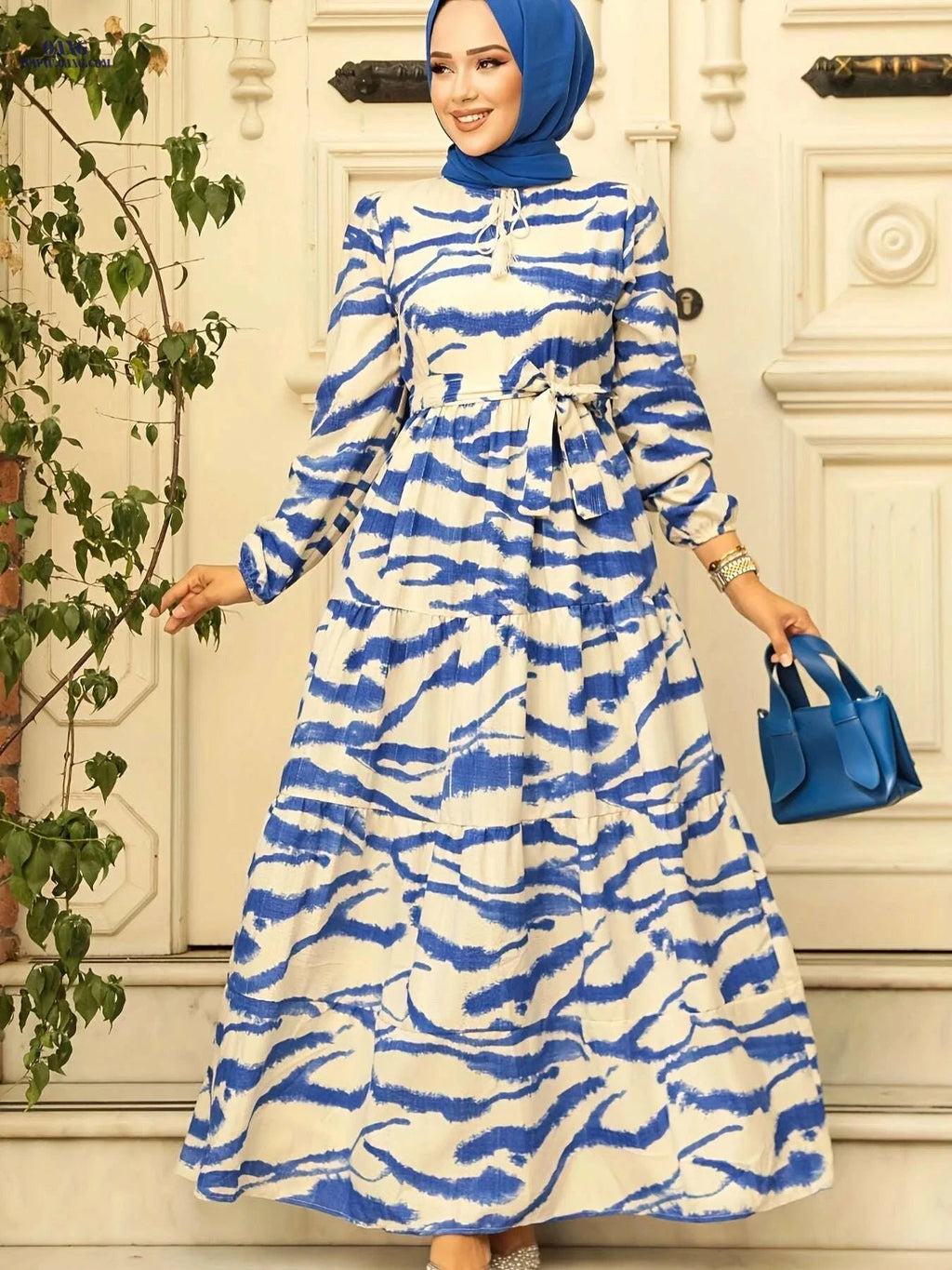 Elegant A-Line Dress with Tassel Tie - Zebra Print, Long Sleeve   OAXG Vibrant Blue / S