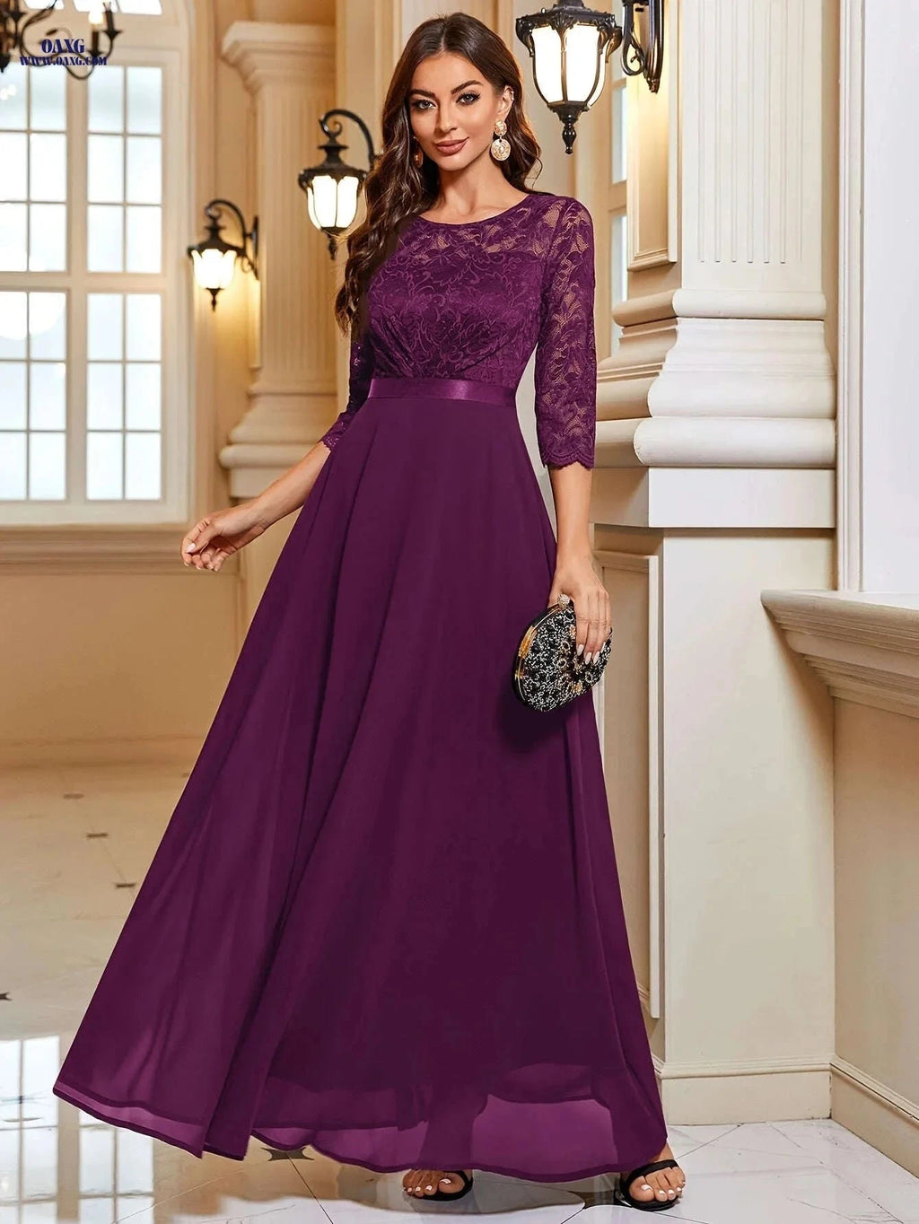 Elegant A-Line Lace Spliced Chiffon Dress - 3/4 Sleeves for Parties   OAXG 