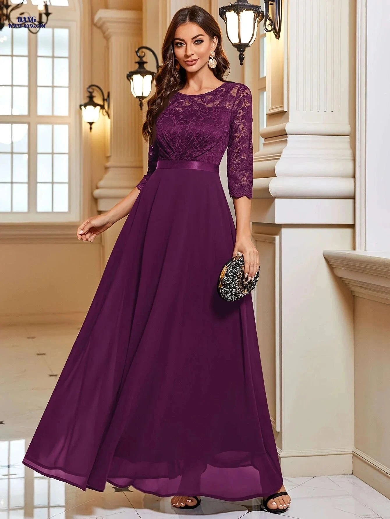 Elegant A-Line Lace Spliced Chiffon Dress - 3/4 Sleeves for Parties   OAXG 