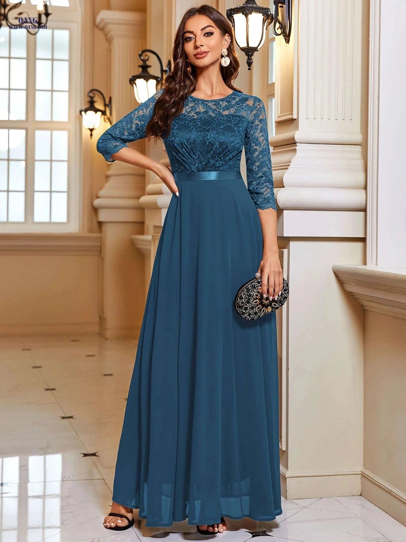 Elegant A-Line Lace Spliced Chiffon Dress - 3/4 Sleeves for Parties   OAXG 
