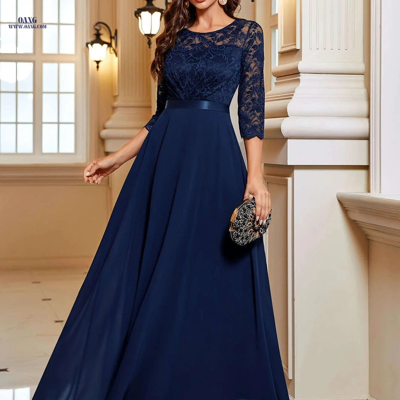 Elegant A-Line Lace Spliced Chiffon Dress - 3/4 Sleeves for Parties   OAXG 