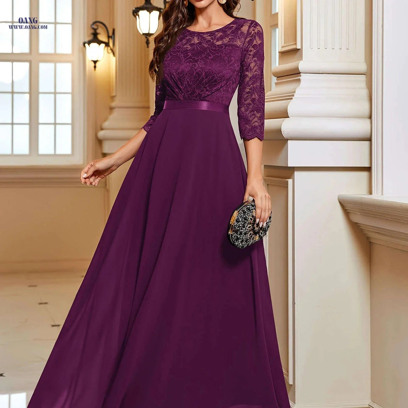 Elegant A-Line Lace Spliced Chiffon Dress - 3/4 Sleeves for Parties   OAXG 