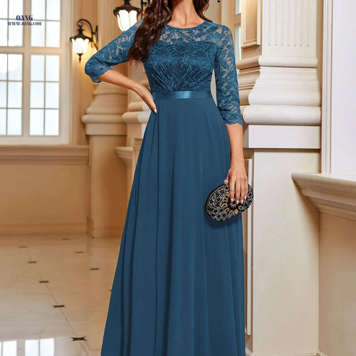 Elegant A-Line Lace Spliced Chiffon Dress - 3/4 Sleeves for Parties   OAXG Navy Blue / S