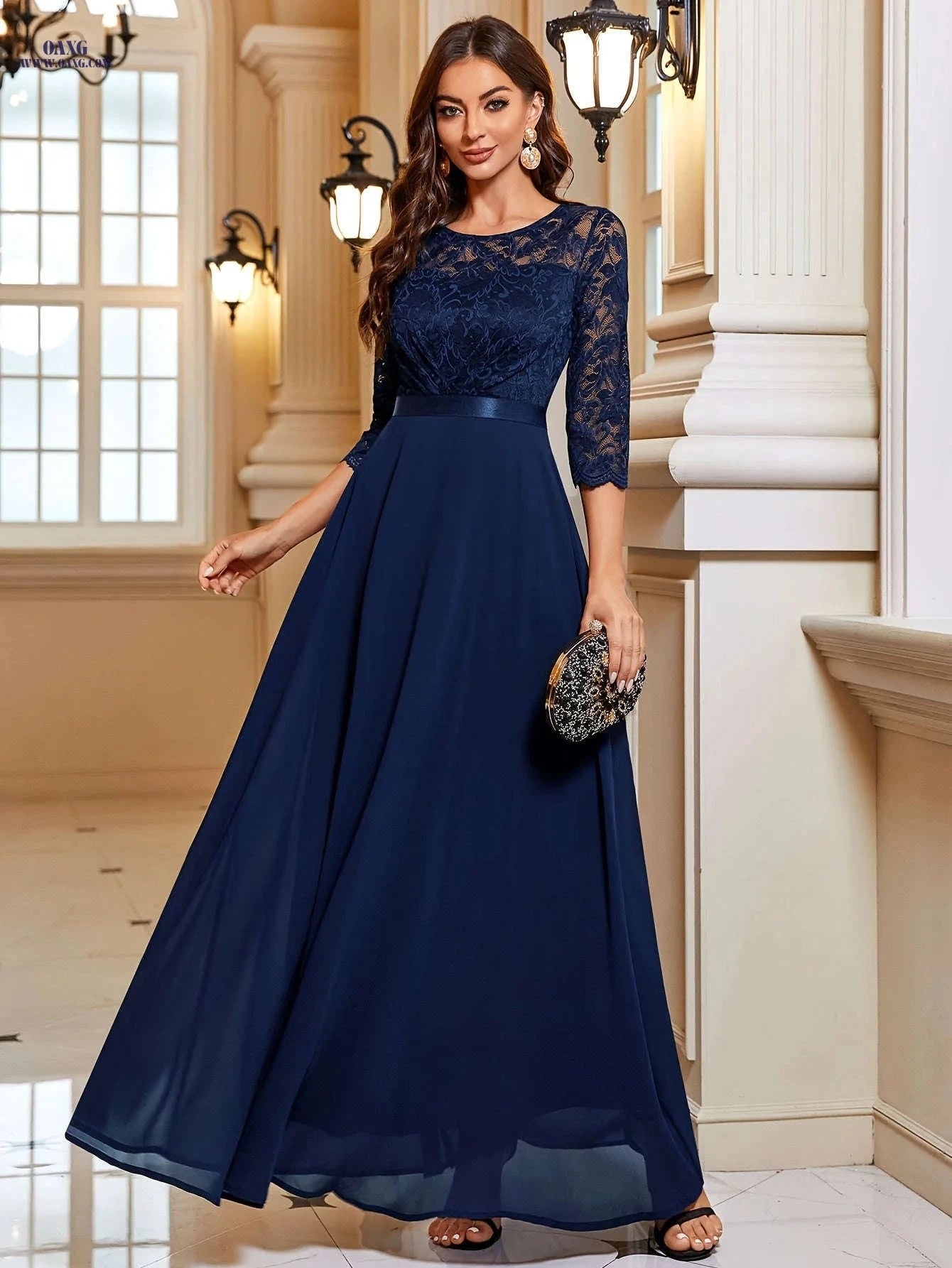 Elegant A-Line Lace Spliced Chiffon Dress - 3/4 Sleeves for Parties   OAXG Navy Blue / S