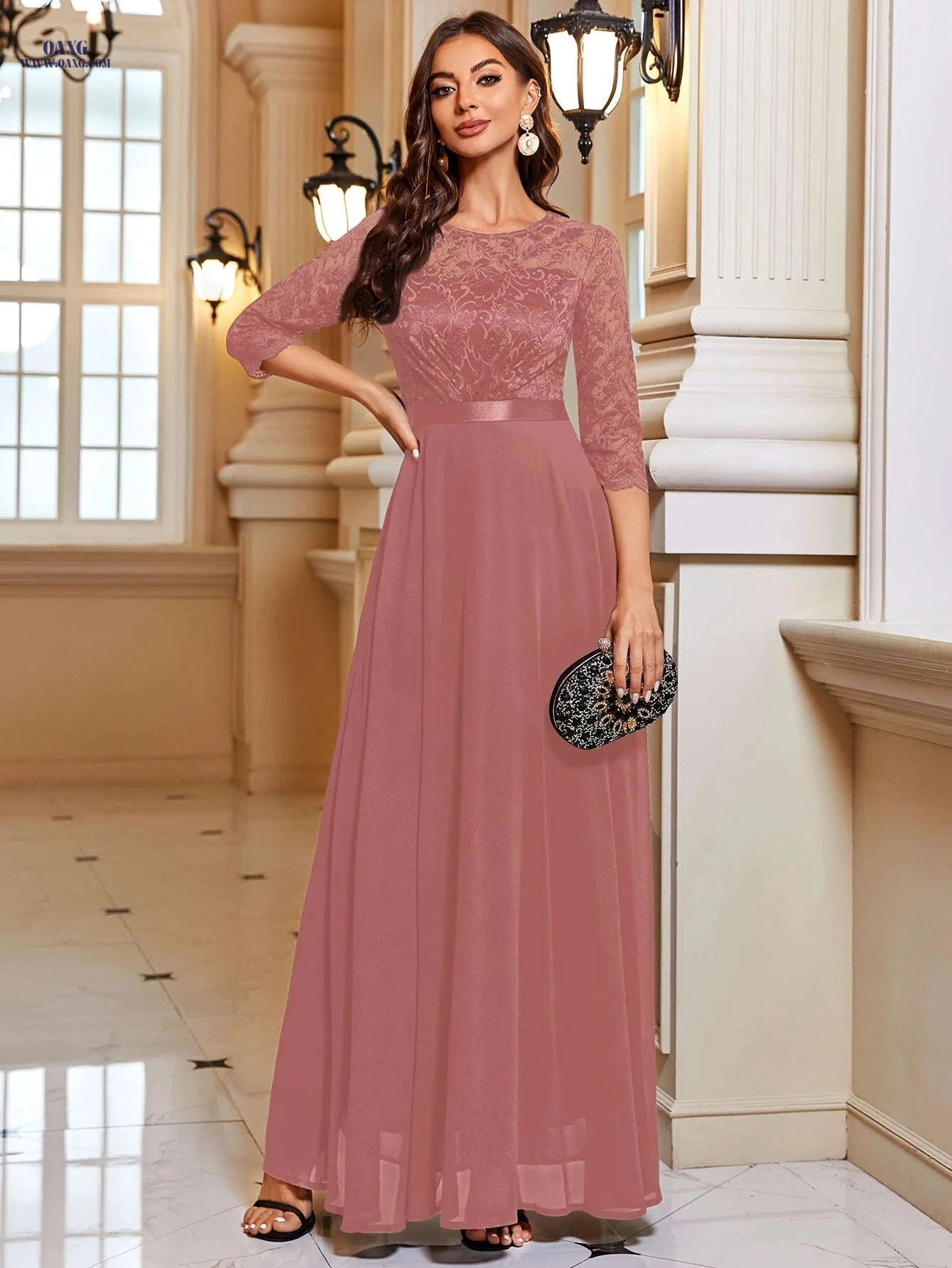Elegant A-Line Lace Spliced Chiffon Dress - 3/4 Sleeves for Parties   OAXG Navy Blue / S
