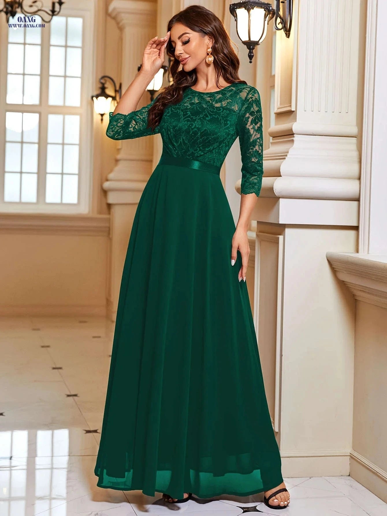 Elegant A-Line Lace Spliced Chiffon Dress - 3/4 Sleeves for Parties   OAXG Navy Blue / S