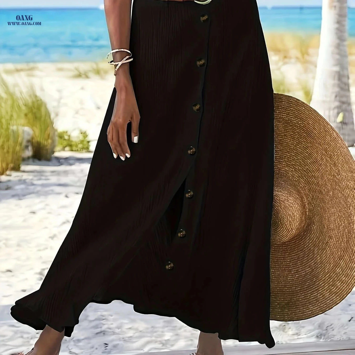 Elegant A-Line Midi Skirt - Split Bodycon, Mid-Rise Style   OAXG 