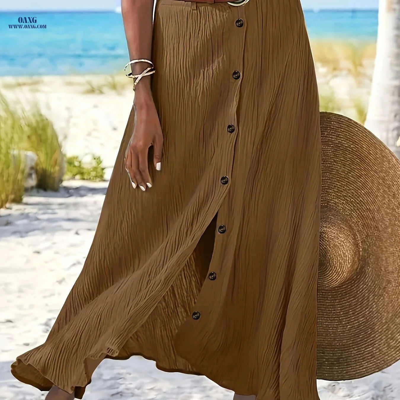 Elegant A-Line Midi Skirt - Split Bodycon, Mid-Rise Style   OAXG 