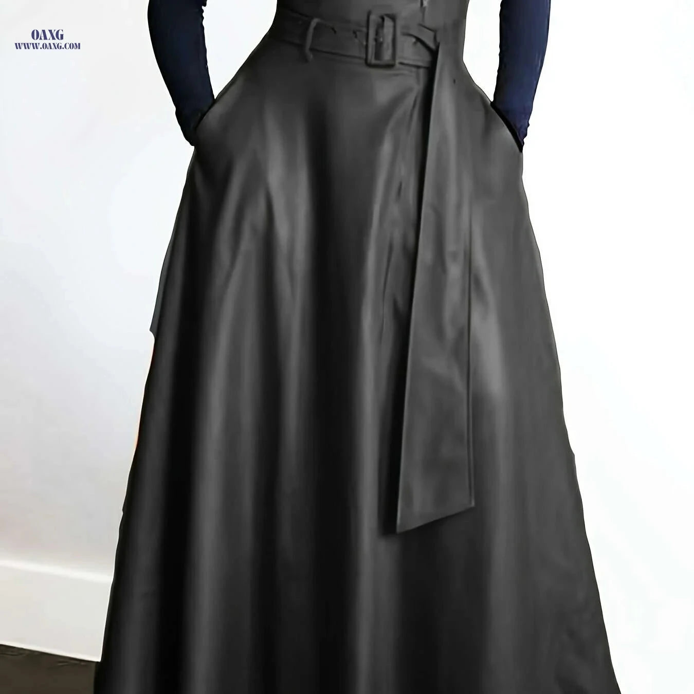 Elegant A-Line Orange High-Waisted Skirt with Zipper Pockets   OAXG 