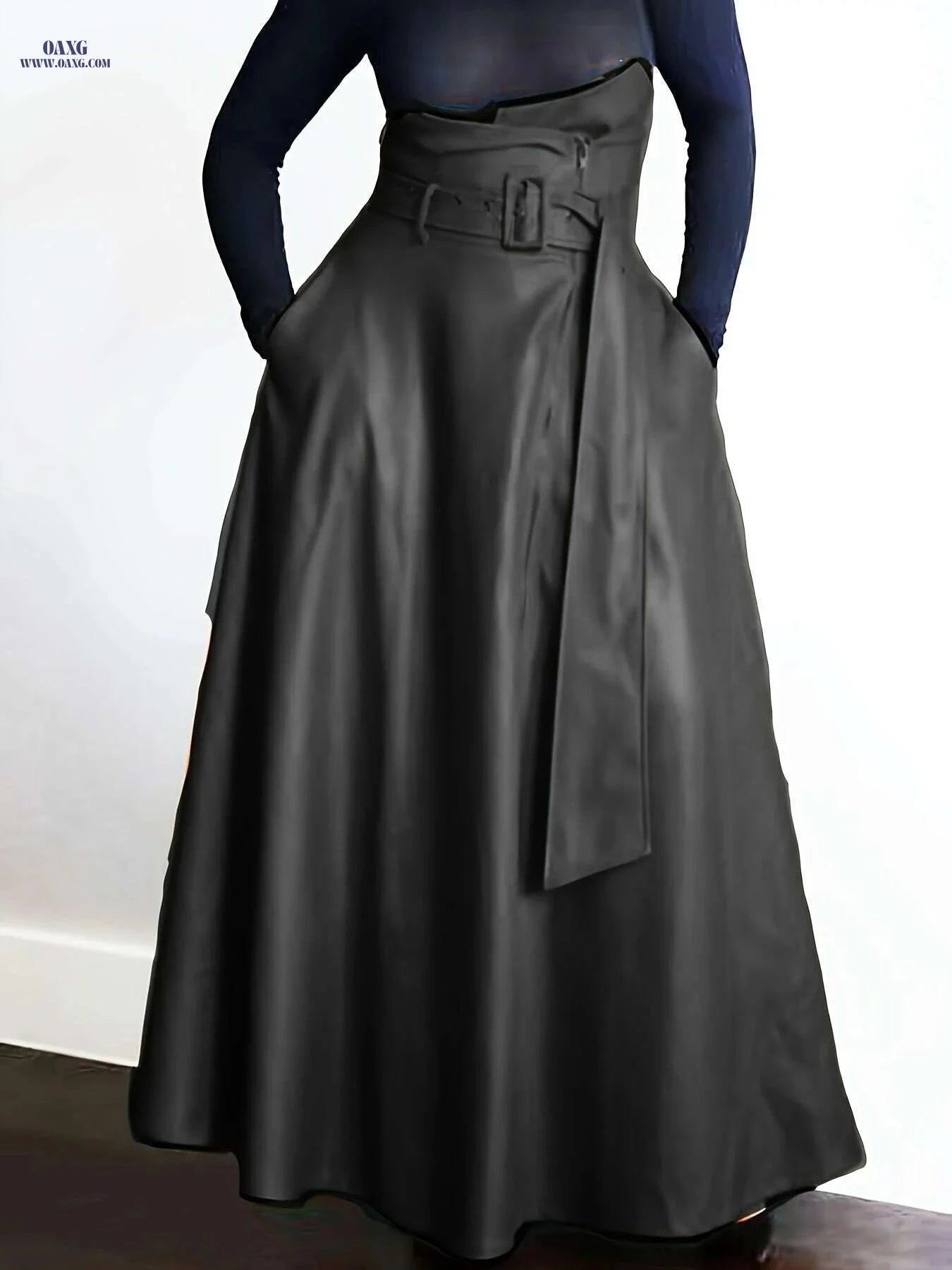 Elegant A-Line Orange High-Waisted Skirt with Zipper Pockets   OAXG 