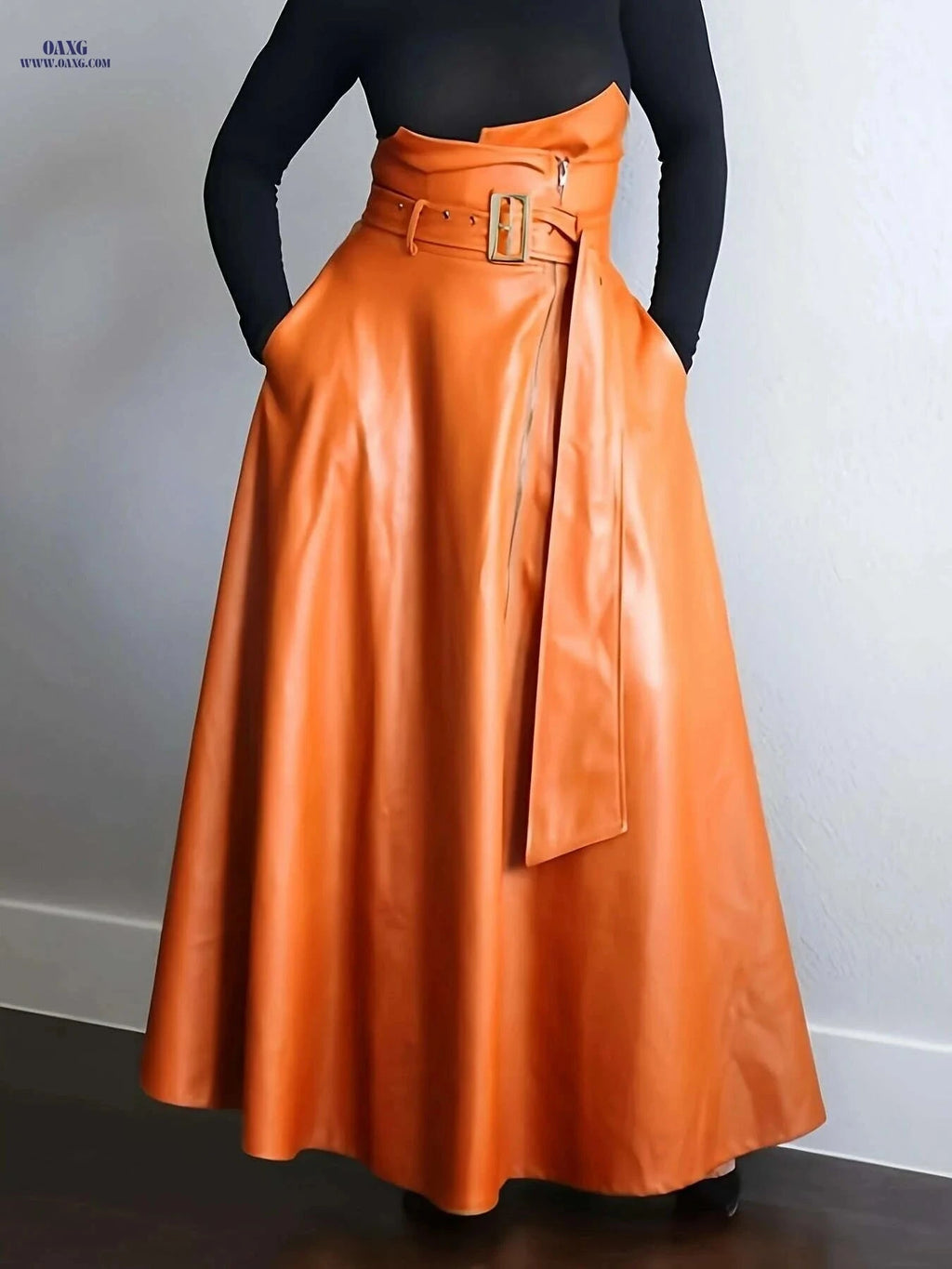 Elegant A-Line Orange High-Waisted Skirt with Zipper Pockets   OAXG Orange / S