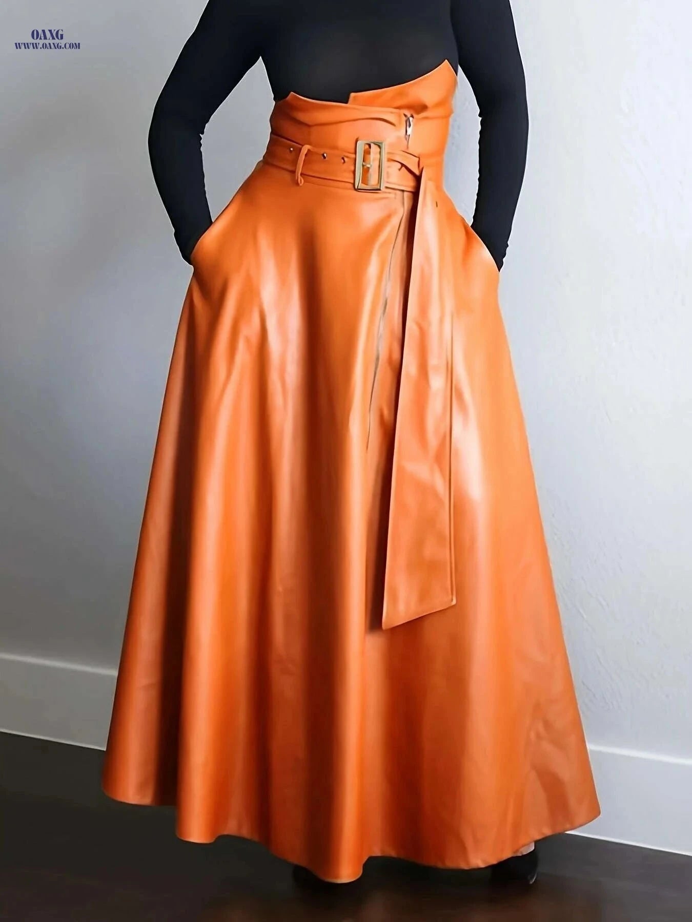 Elegant A-Line Orange High-Waisted Skirt with Zipper Pockets   OAXG Orange / S