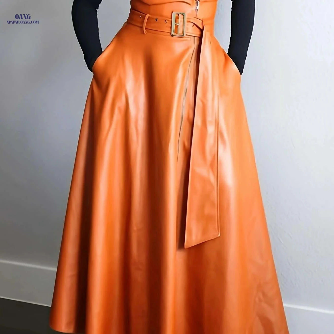 Elegant A-Line Orange High-Waisted Skirt with Zipper Pockets   OAXG Orange / S