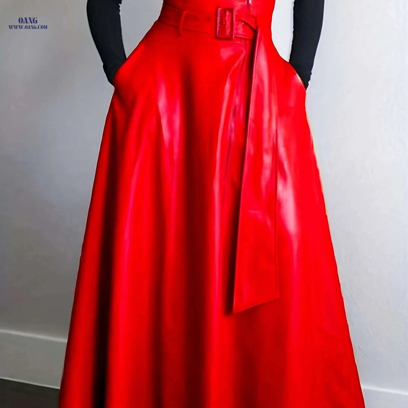 Elegant A-Line Orange High-Waisted Skirt with Zipper Pockets   OAXG 