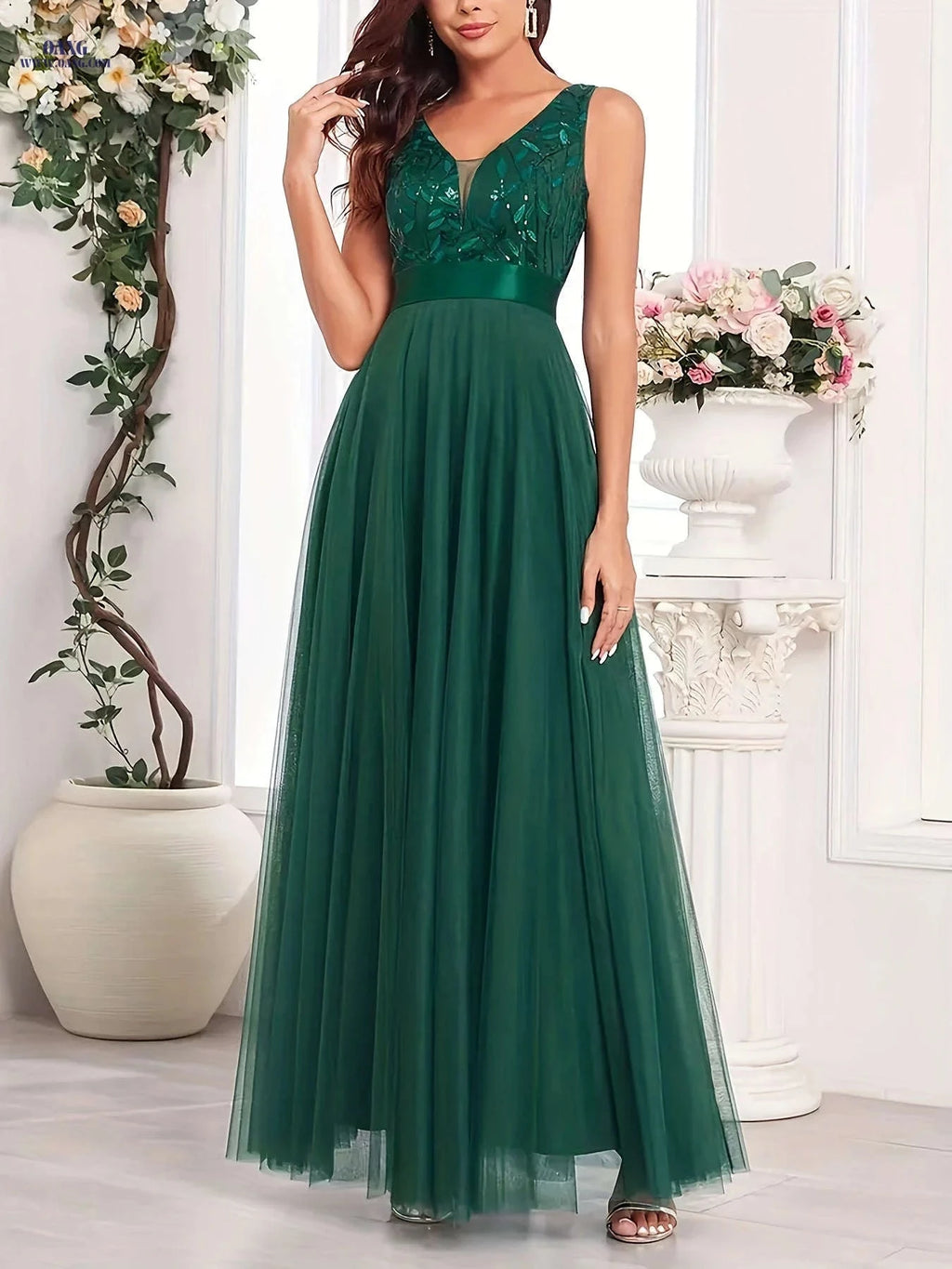 Elegant A-Line Sequin Party Dress - V-neck, Long Length Style   OAXG 