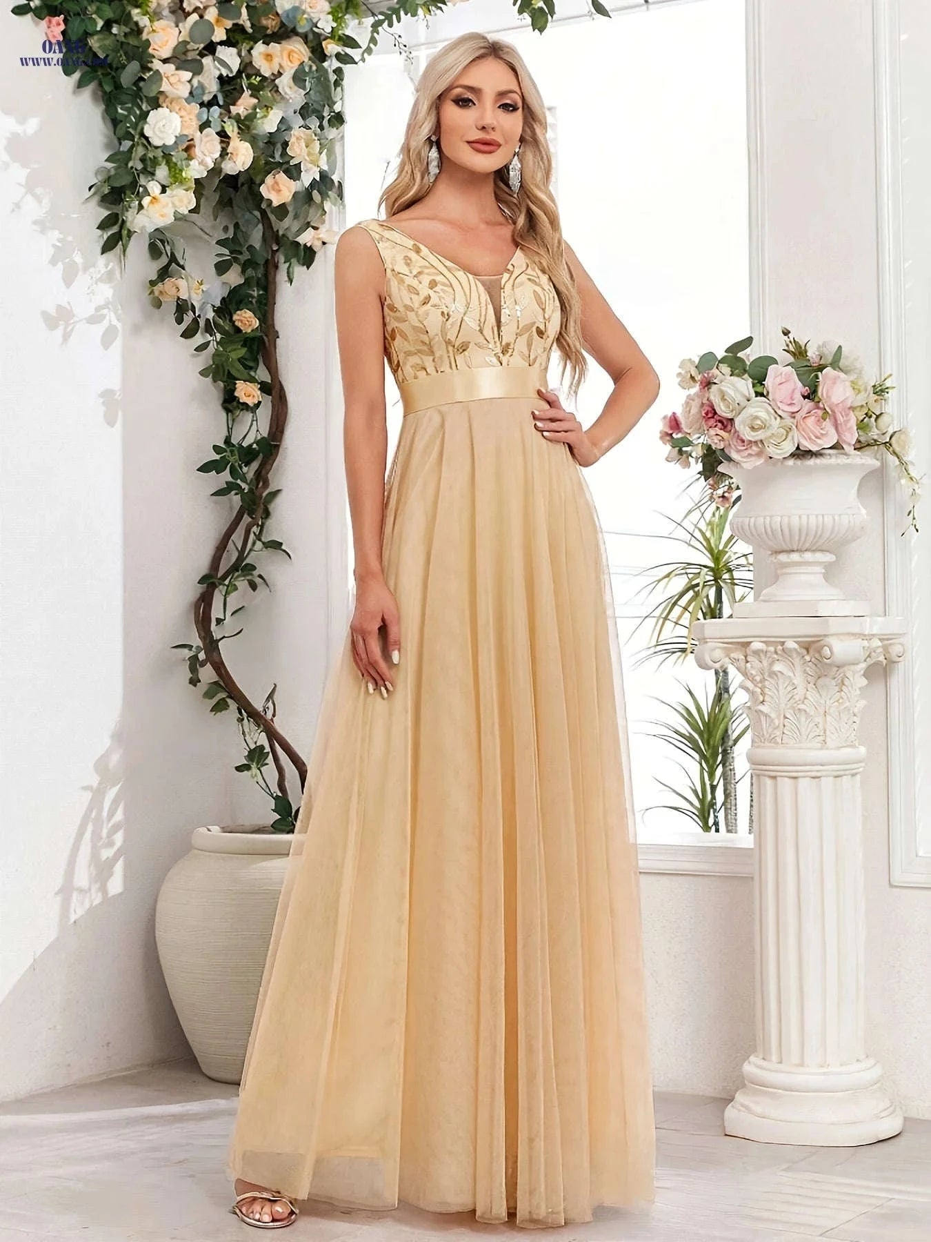Elegant A-Line Sequin Party Dress - V-neck, Long Length Style   OAXG 