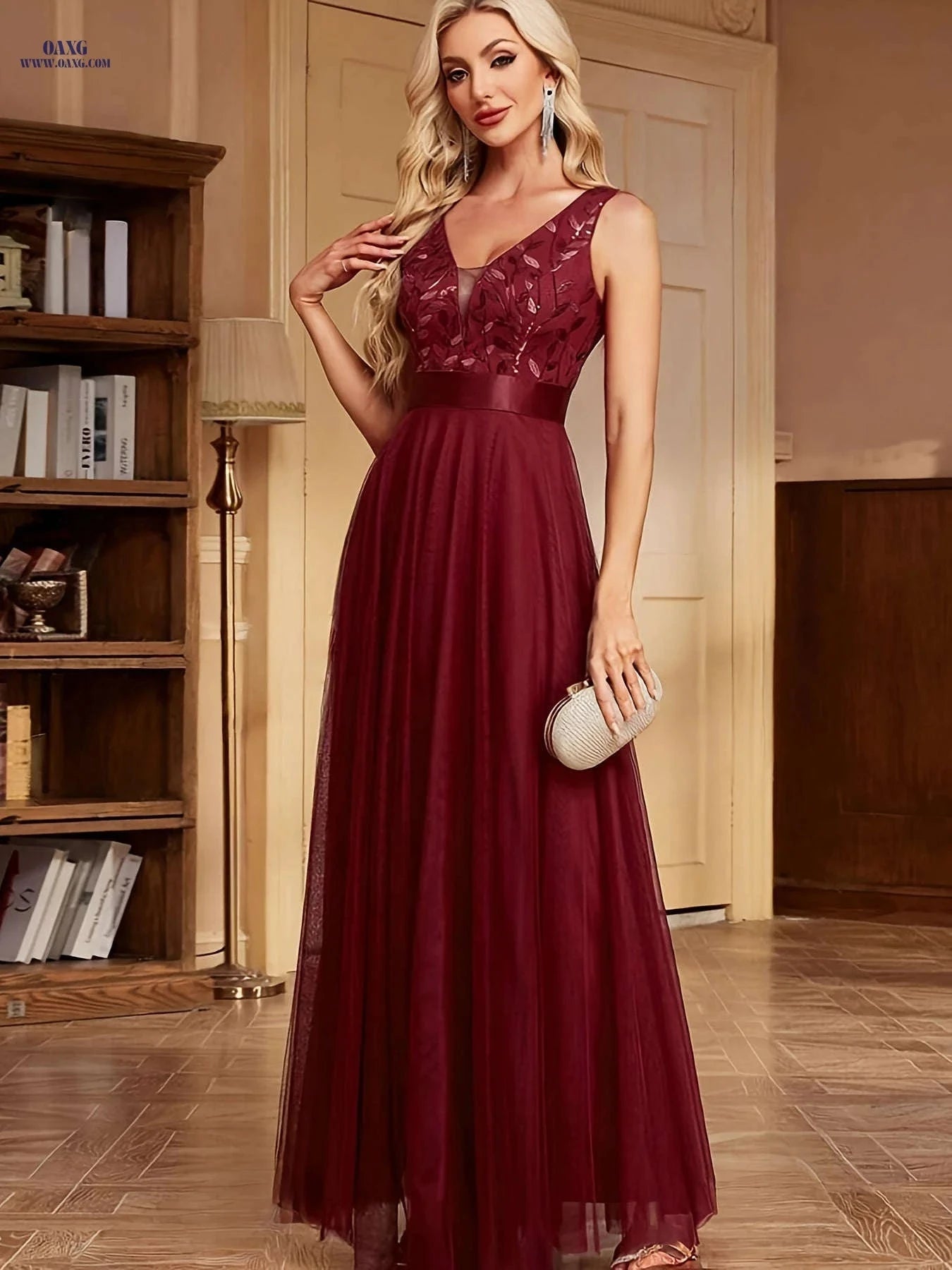Elegant A-Line Sequin Party Dress - V-neck, Long Length Style   OAXG 