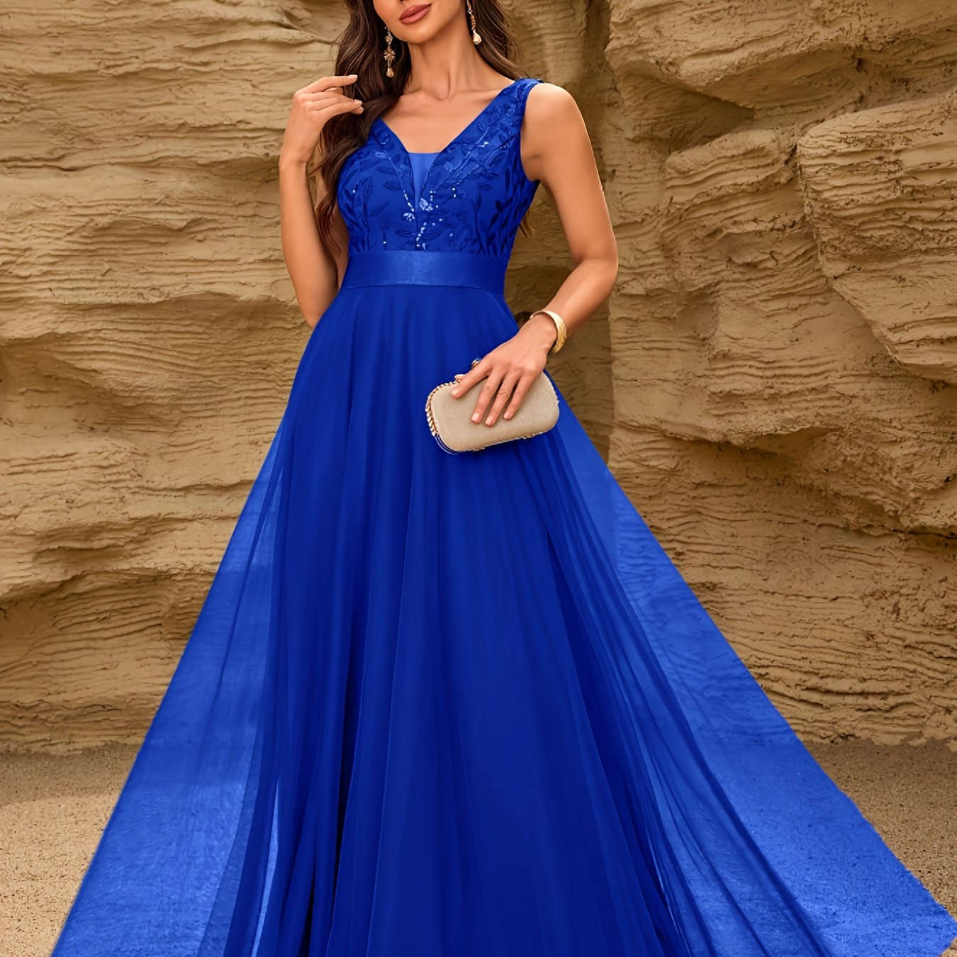 Elegant A-Line Sequin Party Dress - V-neck, Long Length Style   OAXG 