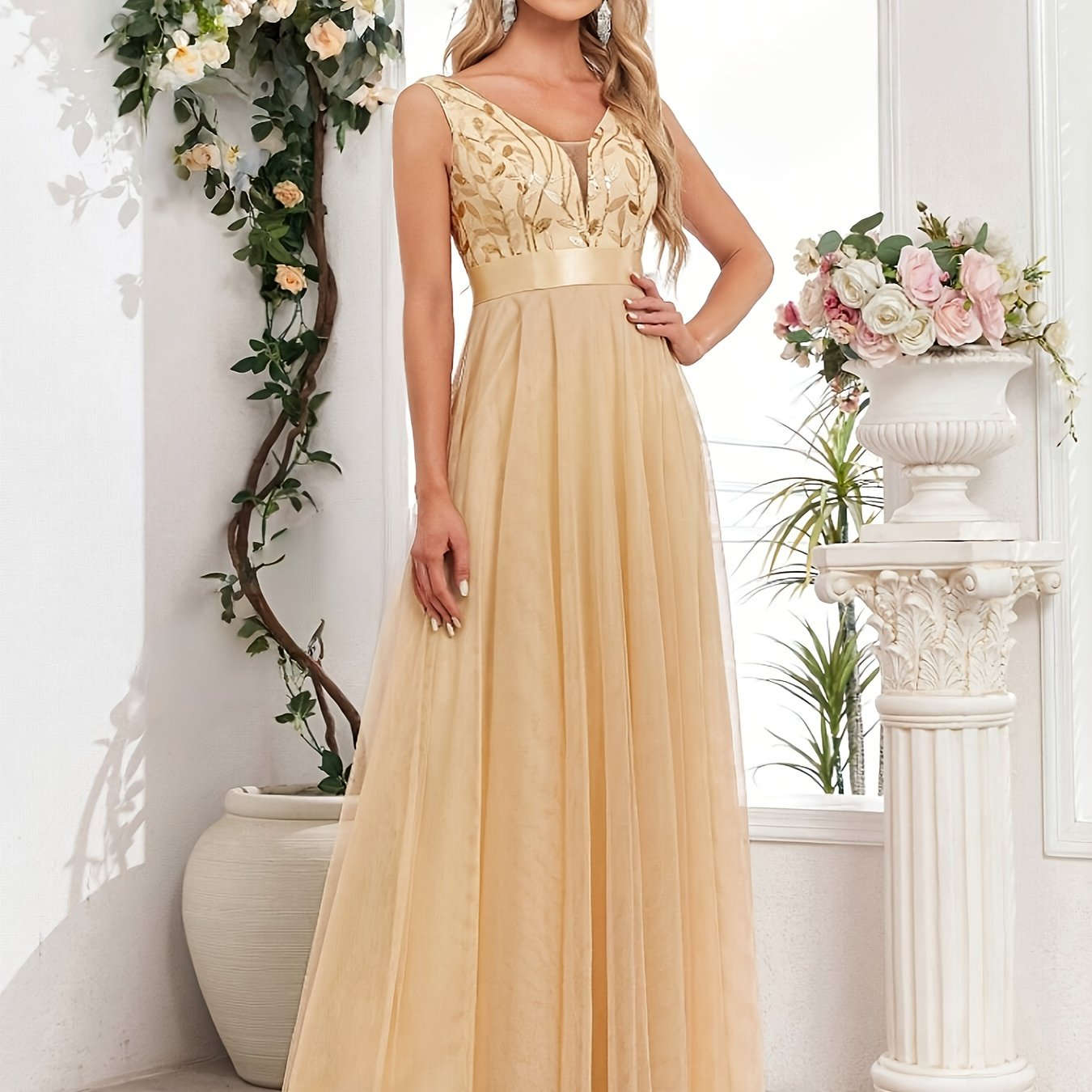Elegant A-Line Sequin Party Dress - V-neck, Long Length Style   OAXG 