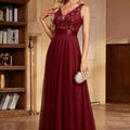 Elegant A-Line Sequin Party Dress - V-neck, Long Length Style   OAXG Claret / XS