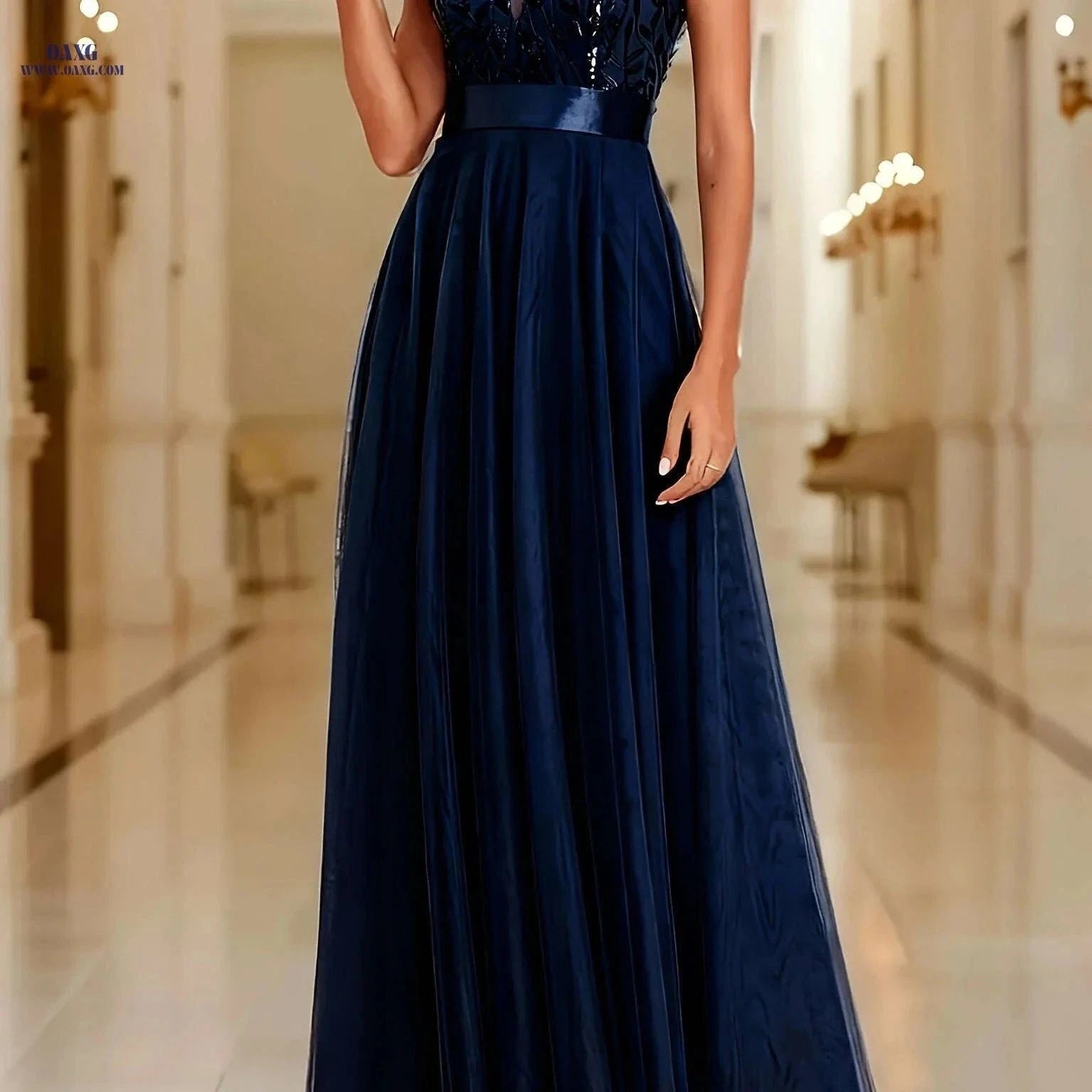 Elegant A-Line Sequin Party Dress - V-neck, Long Length Style   OAXG Claret / XS