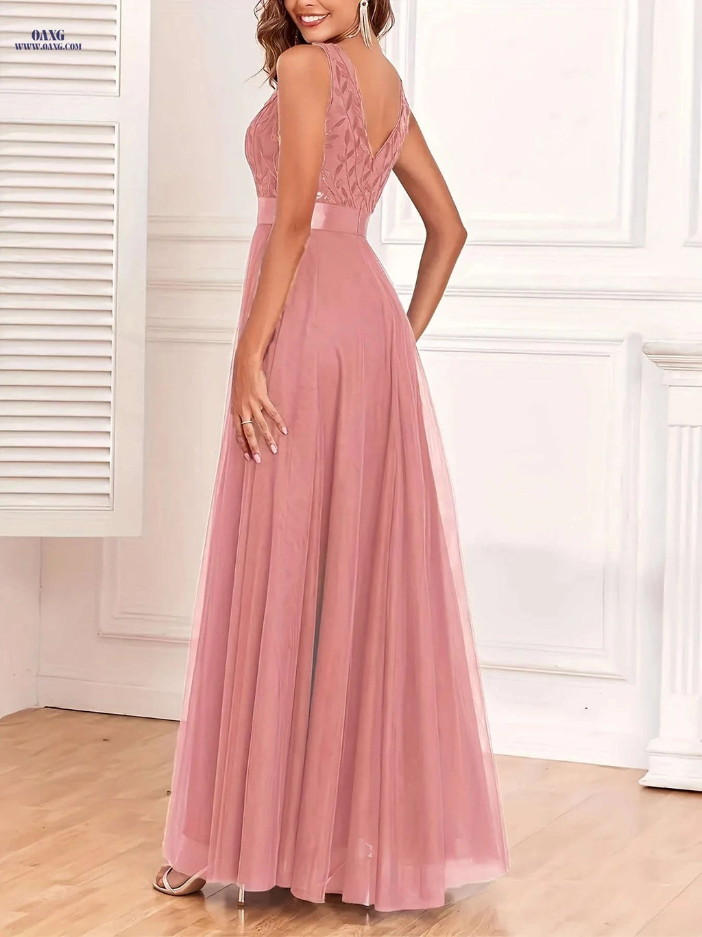Elegant A-Line Sequin Party Dress - V-neck, Long Length Style   OAXG Claret / XS