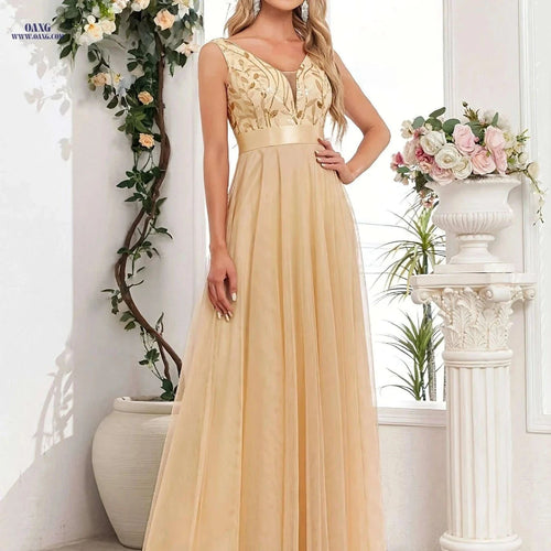 Elegant A-Line Sequin Party Dress - V-neck, Long Length Style   OAXG Claret / XS