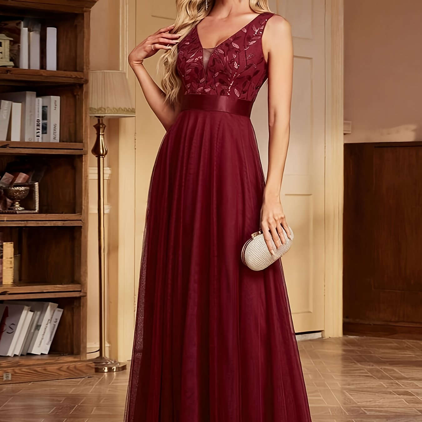 Elegant A-Line Sequin Party Dress - V-neck, Long Length Style   OAXG Claret / XS