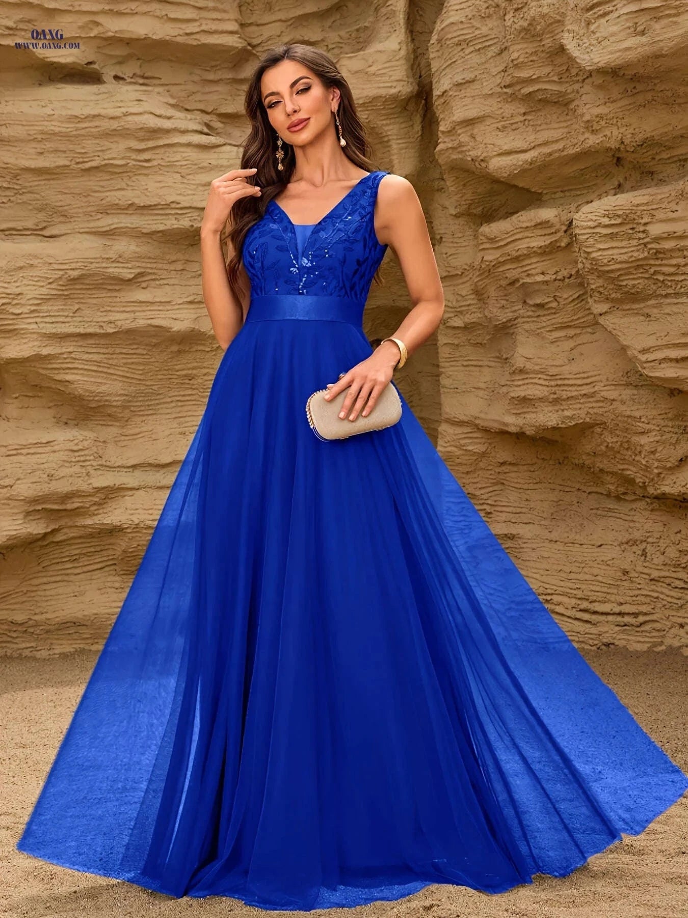 Elegant A-Line Sequin Party Dress - V-neck, Long Length Style   OAXG Claret / XS