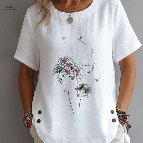 Spring/Summer Women's Top, Abstract Style, Scattered Dandelion Print, Elegant, Mature, Casual, Round Neck, Short Sleeve, Women's Clothing   OAXG Yellow / S