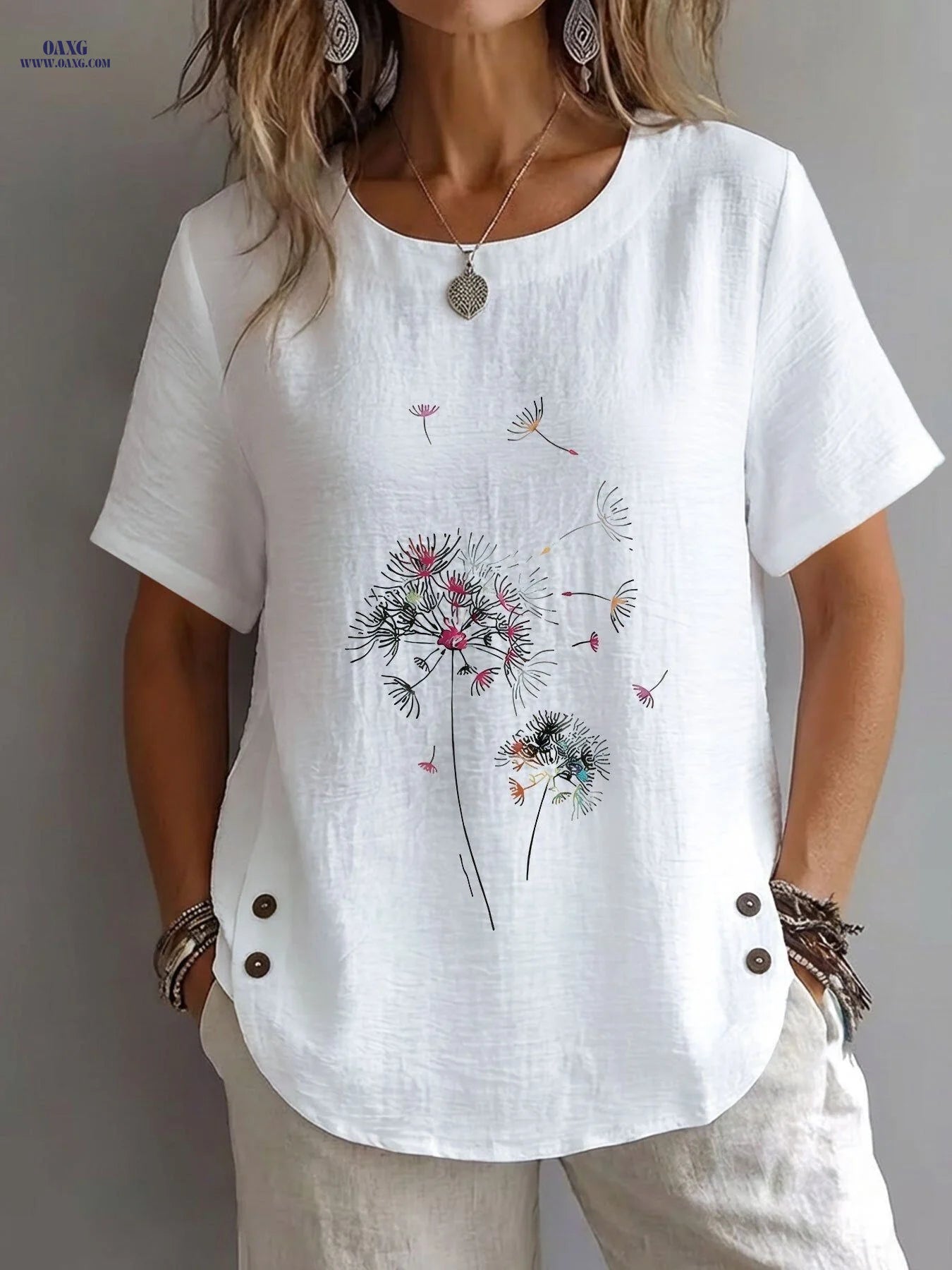Spring/Summer Women's Top, Abstract Style, Scattered Dandelion Print, Elegant, Mature, Casual, Round Neck, Short Sleeve, Women's Clothing   OAXG Yellow / S